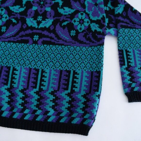 Vintage Country Concepts Black Purple Eclectic Grandma Knit Scoop Neck Sweater M - Picture 6 of 9